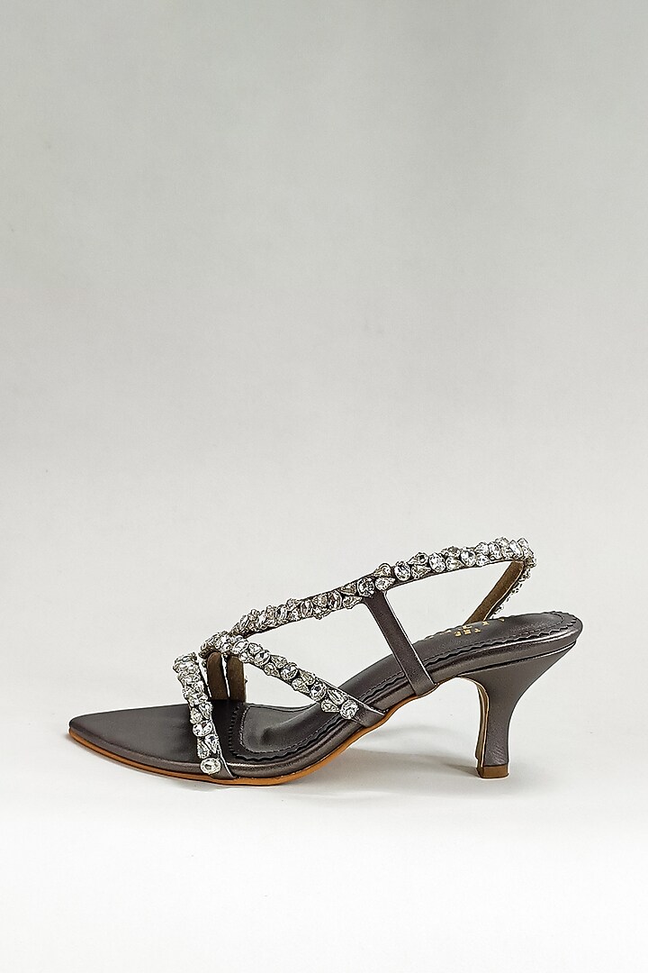 Grey Faux Leather Rhinestone Embellished Stiletto Heels by The Alter at Pernia's Pop Up Shop
