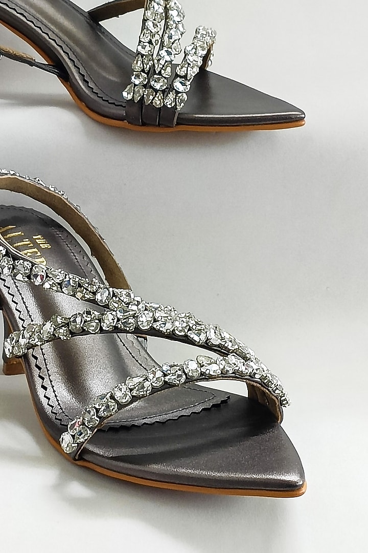 Grey Faux Leather Rhinestone Embellished Stiletto Heels by The Alter at Pernia's Pop Up Shop