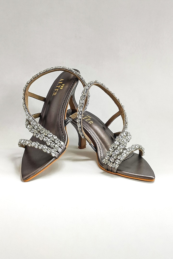 Grey Faux Leather Rhinestone Embellished Stiletto Heels by The Alter at Pernia's Pop Up Shop