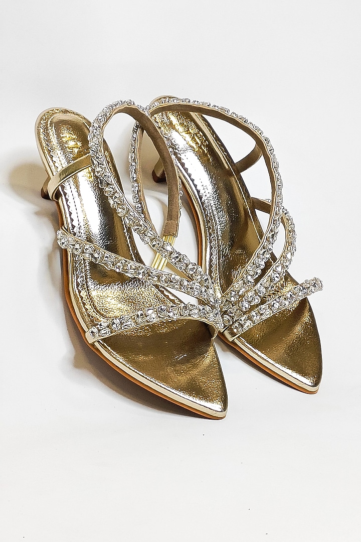 Gold Faux Leather Rhinestone Embellished Kitten Heels by The Alter at Pernia's Pop Up Shop