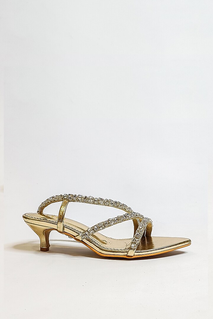 Gold Faux Leather Rhinestone Embellished Kitten Heels by The Alter at Pernia's Pop Up Shop