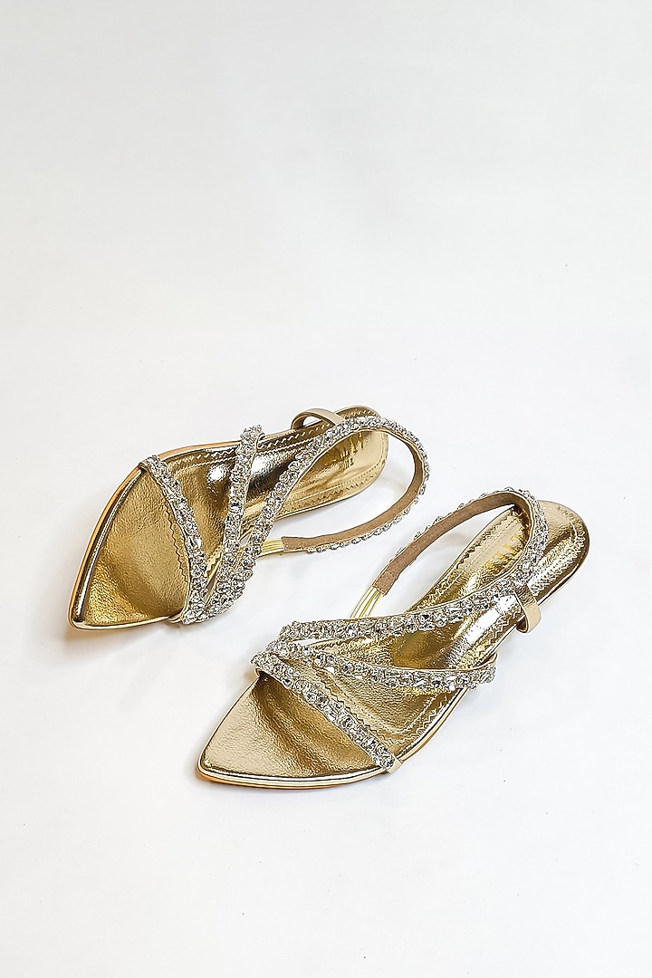 Gold Faux Leather Rhinestone Embellished Kitten Heels by The Alter at Pernia's Pop Up Shop