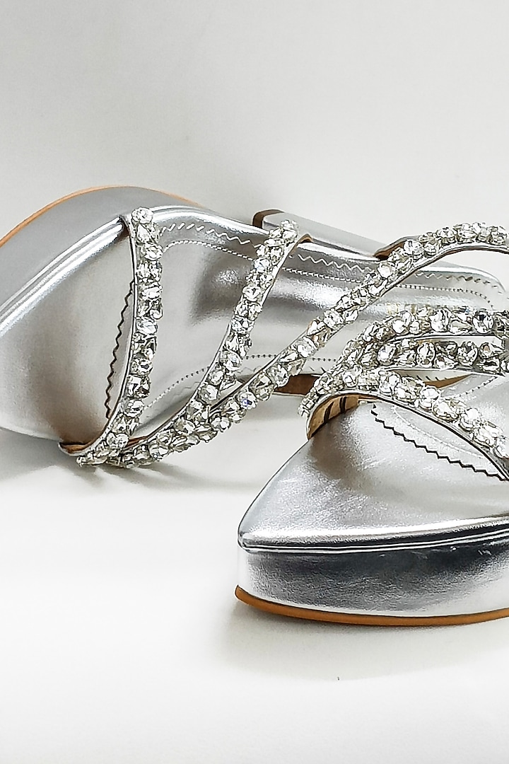 Silver Faux Leather Rhinestone Embellished Platform Block Heels by The Alter at Pernia's Pop Up Shop