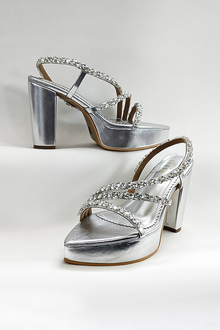 Silver Faux Leather Rhinestone Embellished Platform Block Heels by The Alter at Pernia's Pop Up Shop