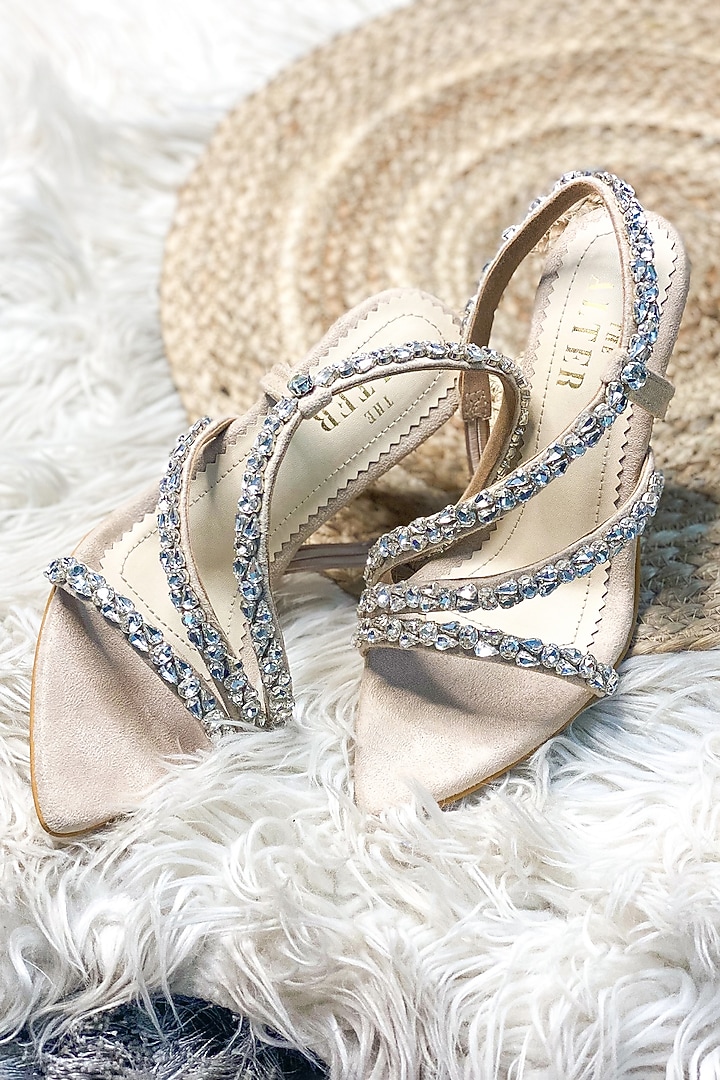 Beige Suede Rhinestone Embellished Stiletto Heels by The Alter at Pernia's Pop Up Shop