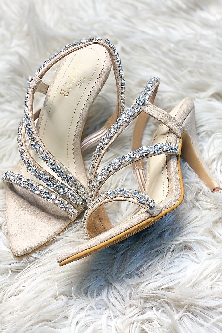 Beige Suede Rhinestone Embellished Stiletto Heels by The Alter at Pernia's Pop Up Shop