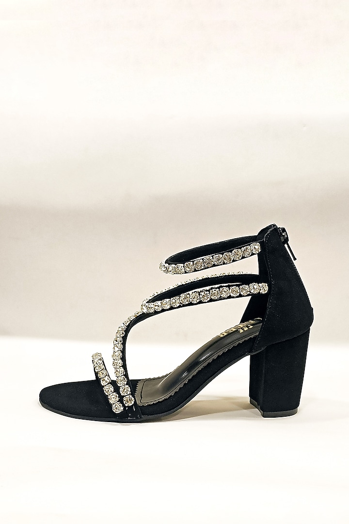 Black Suede Rhinestone Embellished Block Heels by The Alter at Pernia's Pop Up Shop