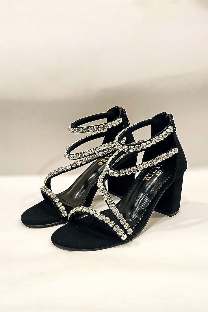 Black Suede Rhinestone Embellished Block Heels by The Alter at Pernia's Pop Up Shop