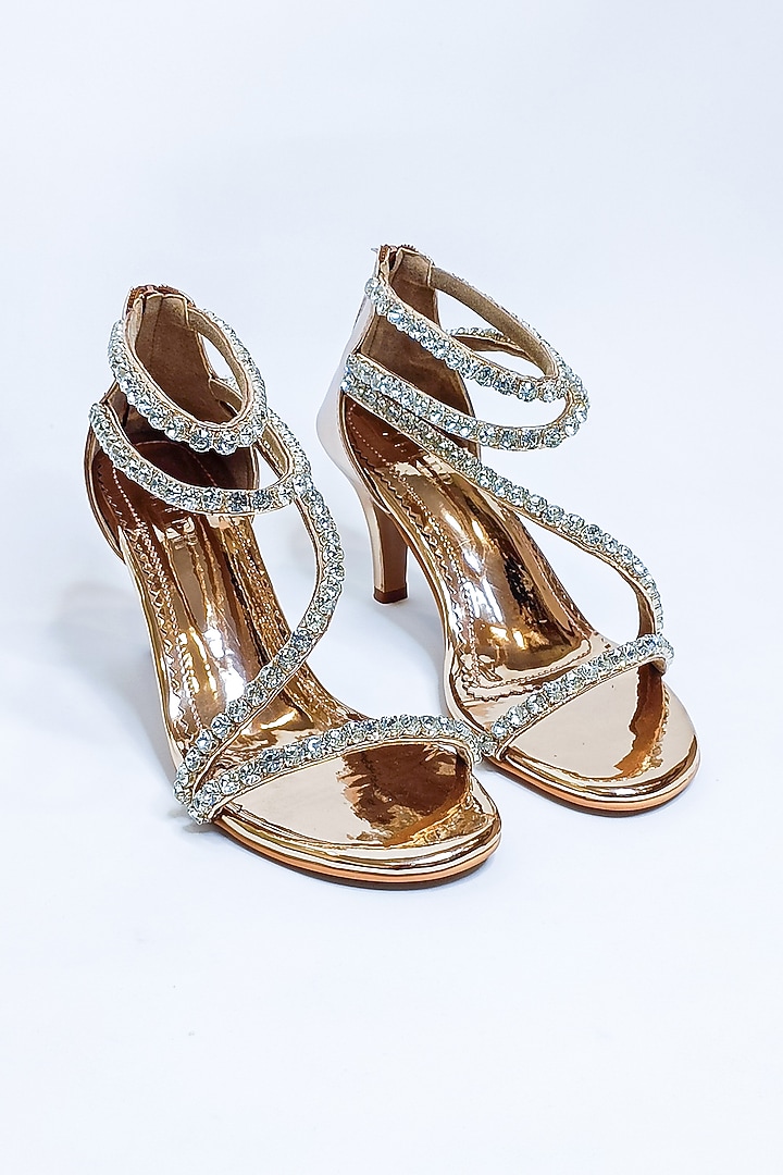 Metallic Rose Gold Faux Leather Rhinestone Embellished Stiletto Heels by The Alter at Pernia's Pop Up Shop
