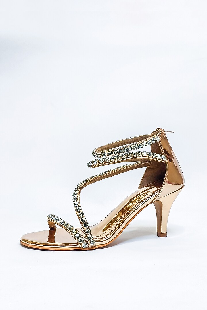 Metallic Rose Gold Faux Leather Rhinestone Embellished Stiletto Heels by The Alter at Pernia's Pop Up Shop