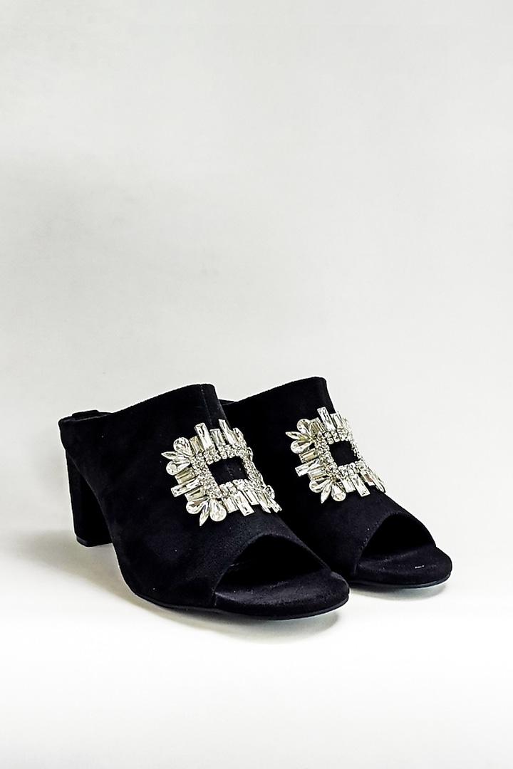 Black Suede Rhinestone Embellished Mules by The Alter at Pernia's Pop Up Shop