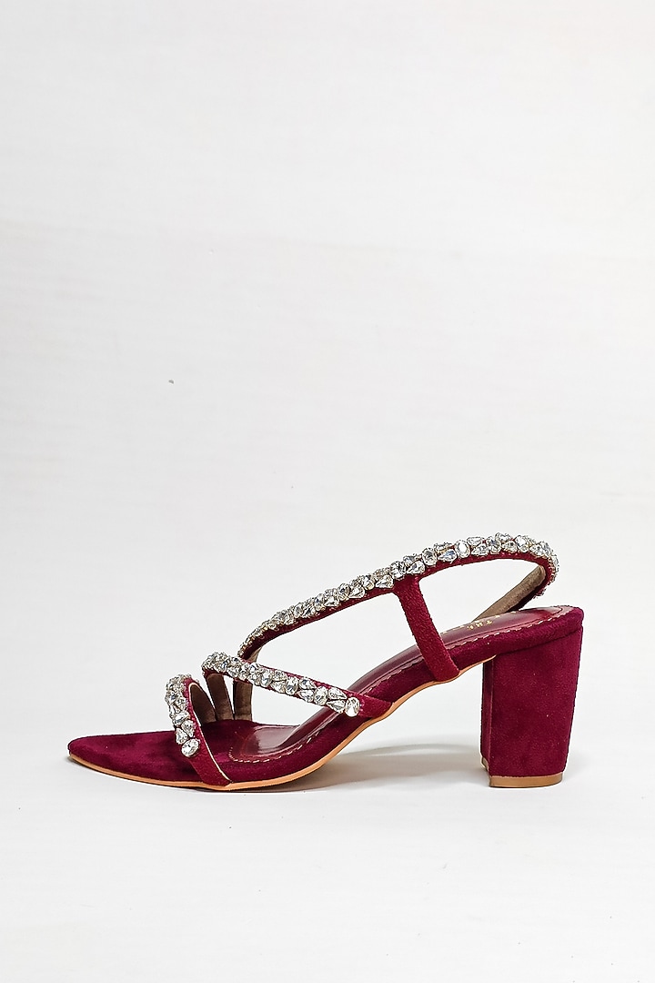 Maroon Suede Rhinestone Embellished Block Heels by The Alter at Pernia's Pop Up Shop