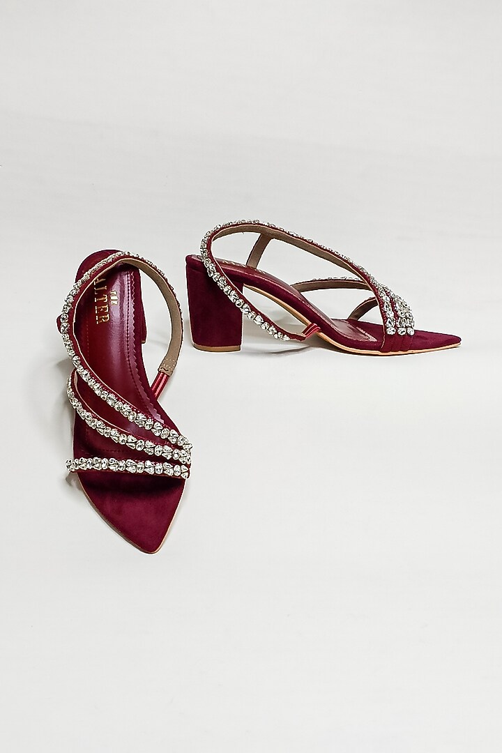 Maroon Suede Rhinestone Embellished Block Heels by The Alter at Pernia's Pop Up Shop