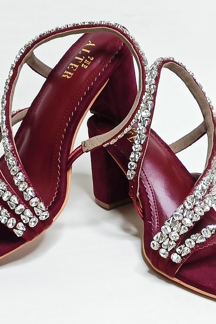 Maroon Suede Rhinestone Embellished Block Heels by The Alter at Pernia's Pop Up Shop