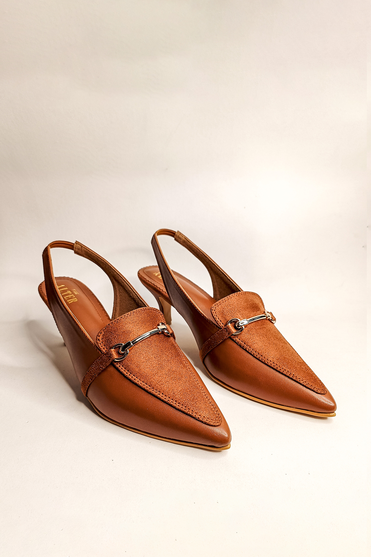 Tan Suede Pointed Stiletto Heels by The Alter at Pernia's Pop Up Shop