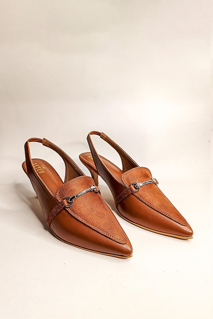 Tan Suede Pointed Stiletto Heels by The Alter at Pernia's Pop Up Shop