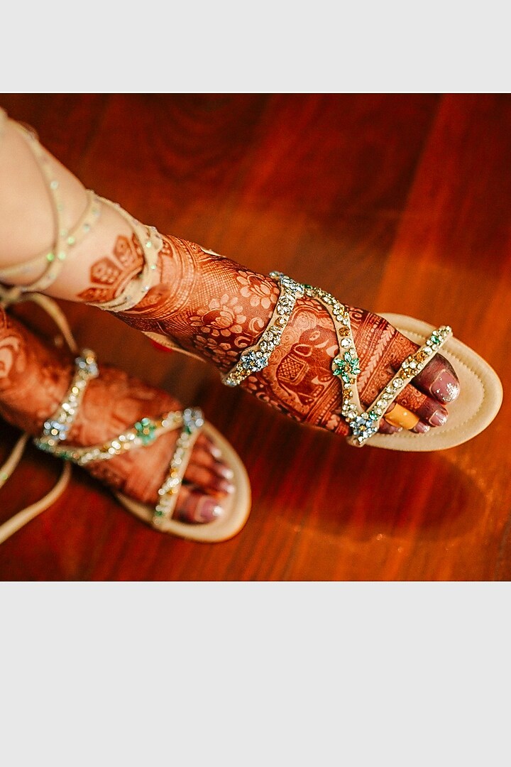 Beige Suede Rhinestone Embellished Flats by The Alter at Pernia's Pop Up Shop