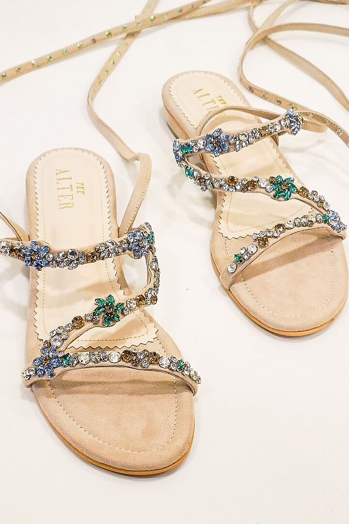 Beige Suede Rhinestone Embellished Flats by The Alter at Pernia's Pop Up Shop