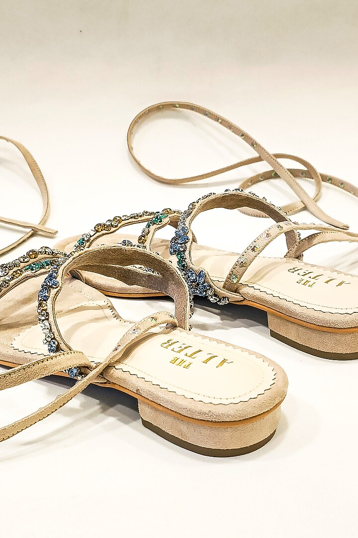 Beige Suede Rhinestone Embellished Flats by The Alter at Pernia's Pop Up Shop