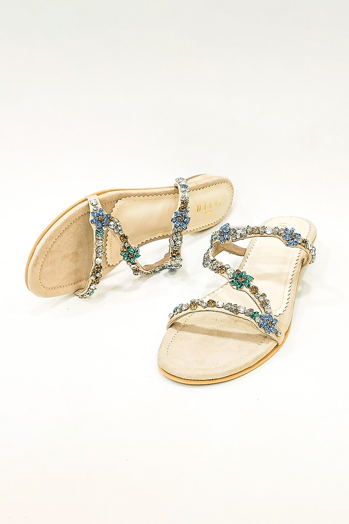 Beige Suede Rhinestone Embellished Flats by The Alter at Pernia's Pop Up Shop