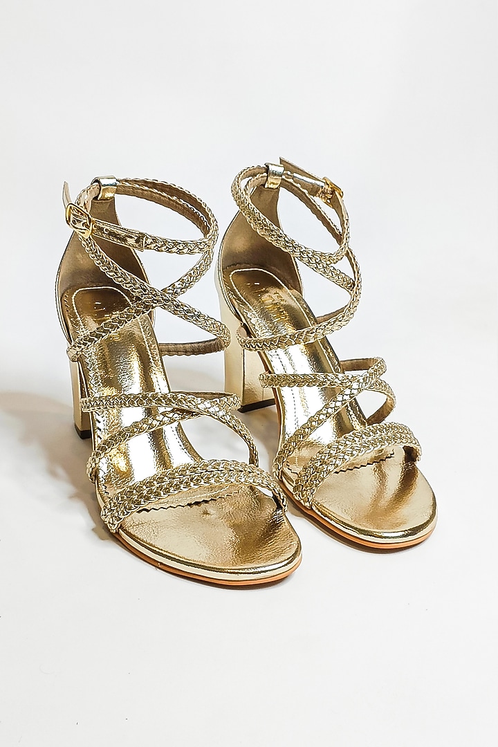 Gold Faux Leather Braided Strappy Block Heels by The Alter at