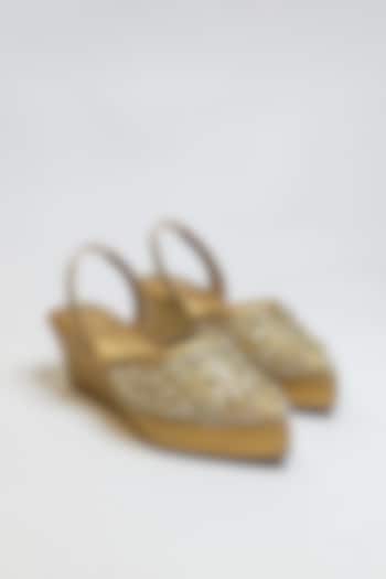 Antique Gold Faux Leather Embellished Pointed Wedges by The Alter