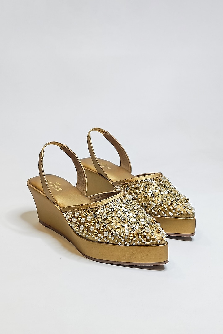 Antique Gold Faux Leather Embellished Pointed Wedges by The Alter