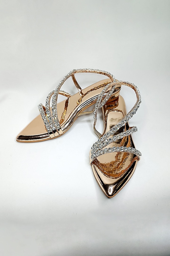 Metallic Rose Gold Faux Leather Rhinestone Embellished Strappy Flats by The Alter at Pernia's Pop Up Shop