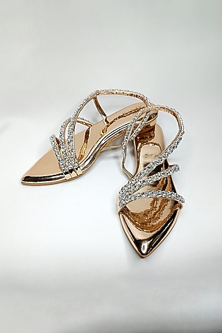 Metallic Rose Gold Faux Leather Rhinestone Embellished Strappy Flats by The Alter