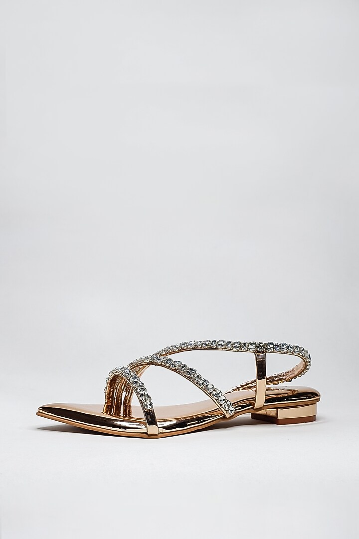 Metallic Rose Gold Faux Leather Rhinestone Embellished Strappy Flats by The Alter at Pernia's Pop Up Shop