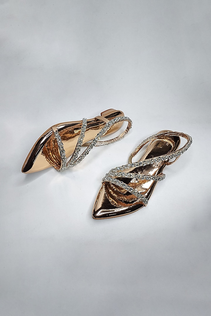 Metallic Rose Gold Faux Leather Rhinestone Embellished Strappy Flats by The Alter at Pernia's Pop Up Shop