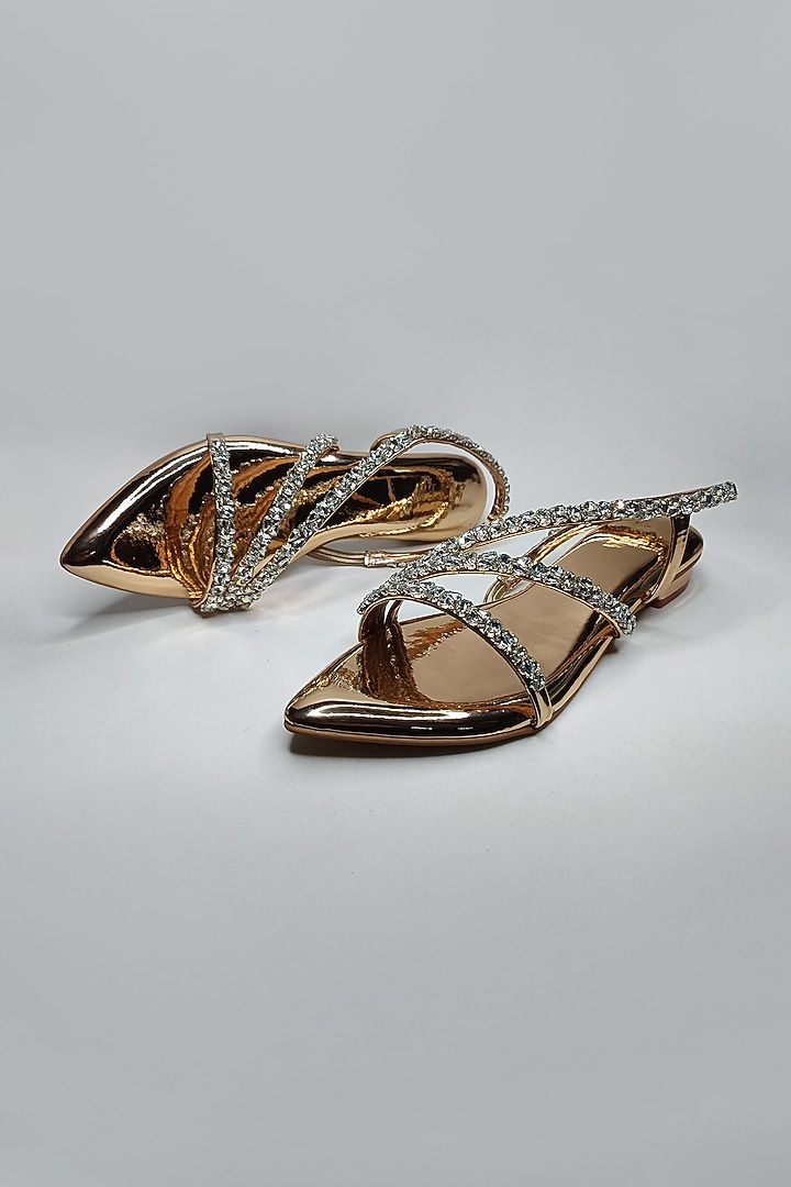 Metallic Rose Gold Faux Leather Rhinestone Embellished Strappy Flats by The Alter at Pernia's Pop Up Shop