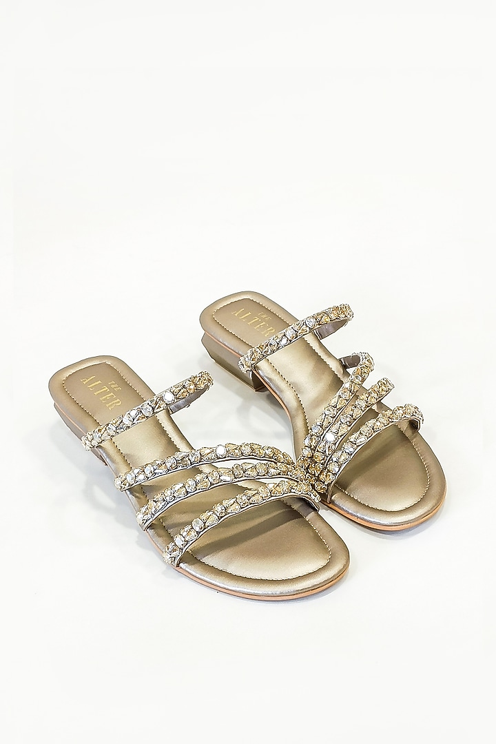 Gold Faux Leather Rhinestone Embellished Strappy Block Heels by The Alter at Pernia's Pop Up Shop