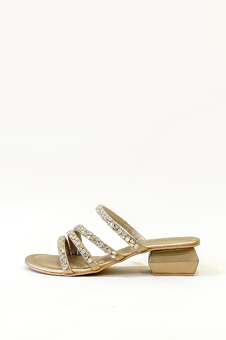 Gold Faux Leather Rhinestone Embellished Strappy Block Heels by The Alter at Pernia's Pop Up Shop