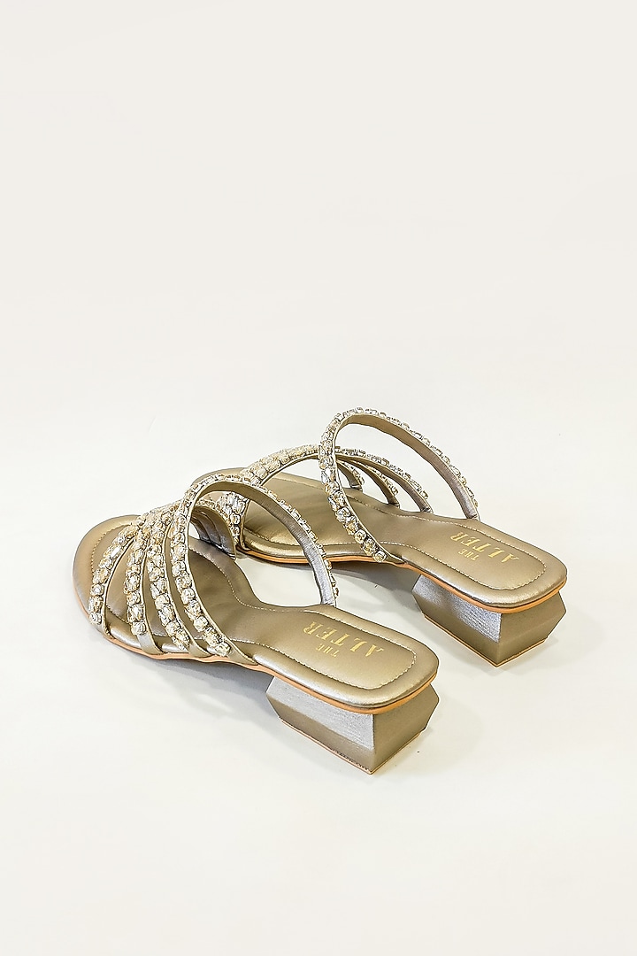 Gold Faux Leather Rhinestone Embellished Strappy Block Heels by The Alter at Pernia's Pop Up Shop