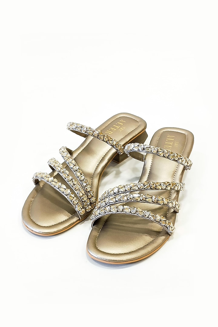 Gold Faux Leather Rhinestone Embellished Strappy Block Heels by The Alter at Pernia's Pop Up Shop