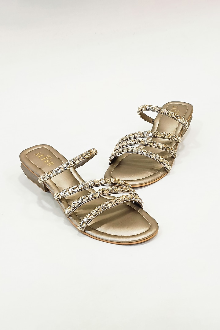 Gold Faux Leather Rhinestone Embellished Strappy Block Heels by The Alter at Pernia's Pop Up Shop