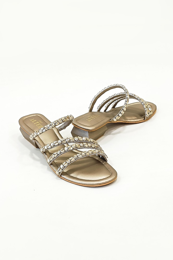 Gold Faux Leather Rhinestone Embellished Strappy Block Heels by The Alter at Pernia's Pop Up Shop