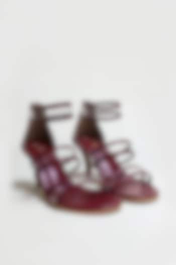 Maroon Faux Leather Transparent Strappy Stiletto Heels by The Alter