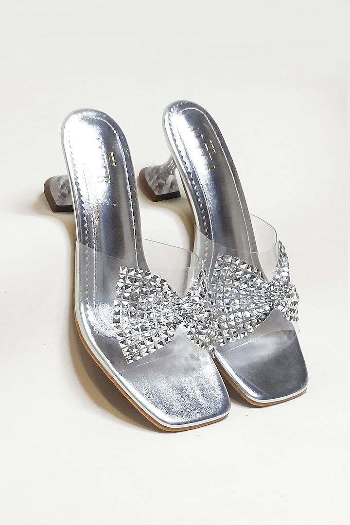Silver Faux Leather Sequins Bow Pyramid Heels by The Alter