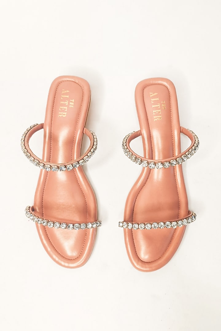 Pink Faux Leather Rhinestone Embellished Strappy Block Heels by The Alter