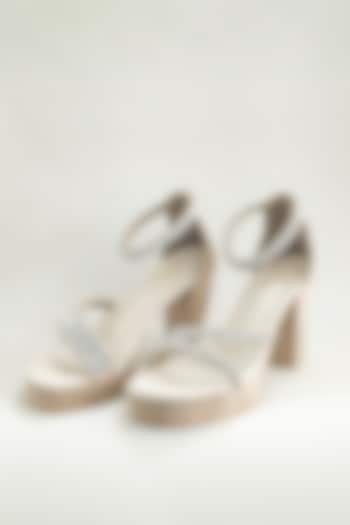 Beige Faux Leather Rhinestone Embellished Strappy Block Heels by The Alter