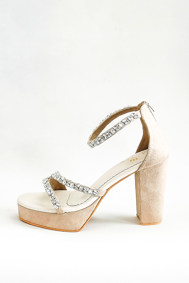 Beige Faux Leather Rhinestone Embellished Strappy Block Heels by The Alter at Pernia's Pop Up Shop