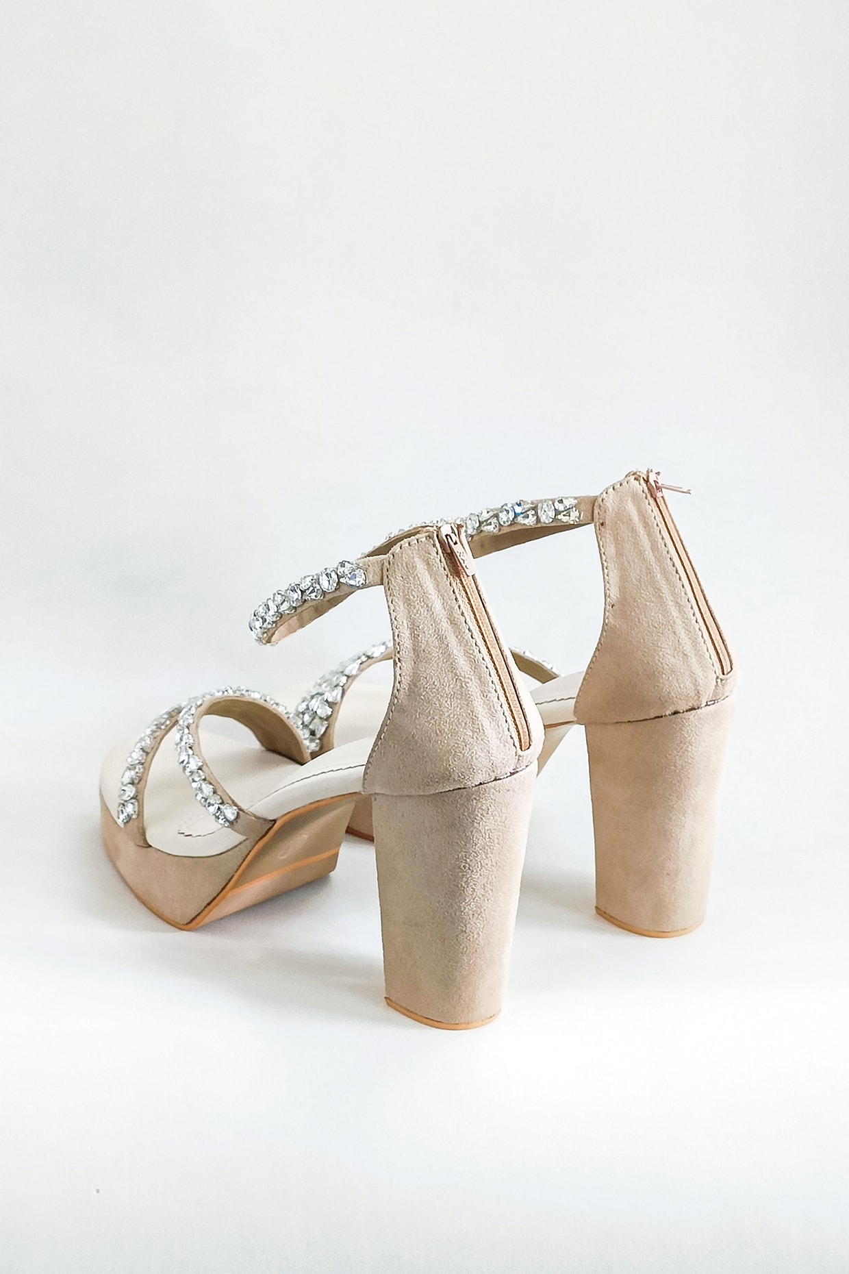 Beige Faux Leather Rhinestone Embellished Strappy Block Heels