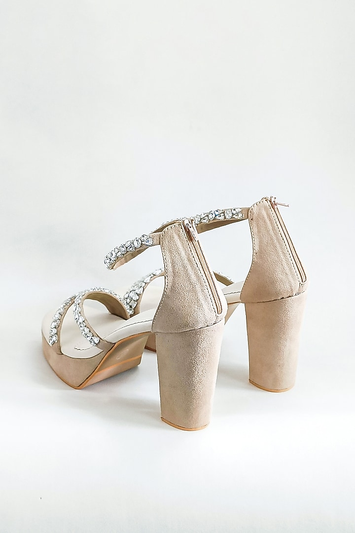 Beige Faux Leather Rhinestone Embellished Strappy Block Heels by The Alter at Pernia's Pop Up Shop