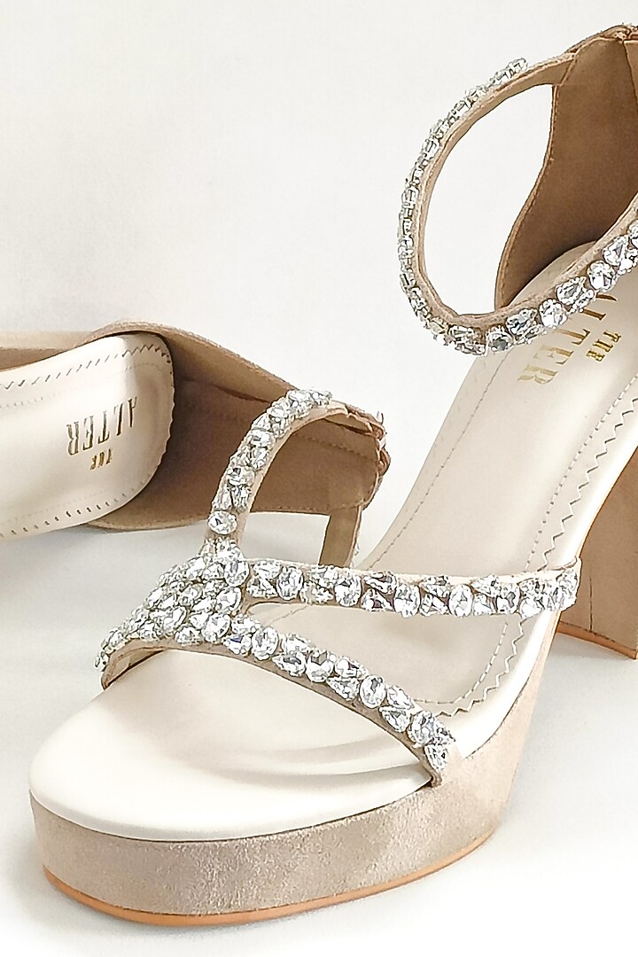 Beige Faux Leather Rhinestone Embellished Strappy Block Heels by The Alter at Pernia's Pop Up Shop