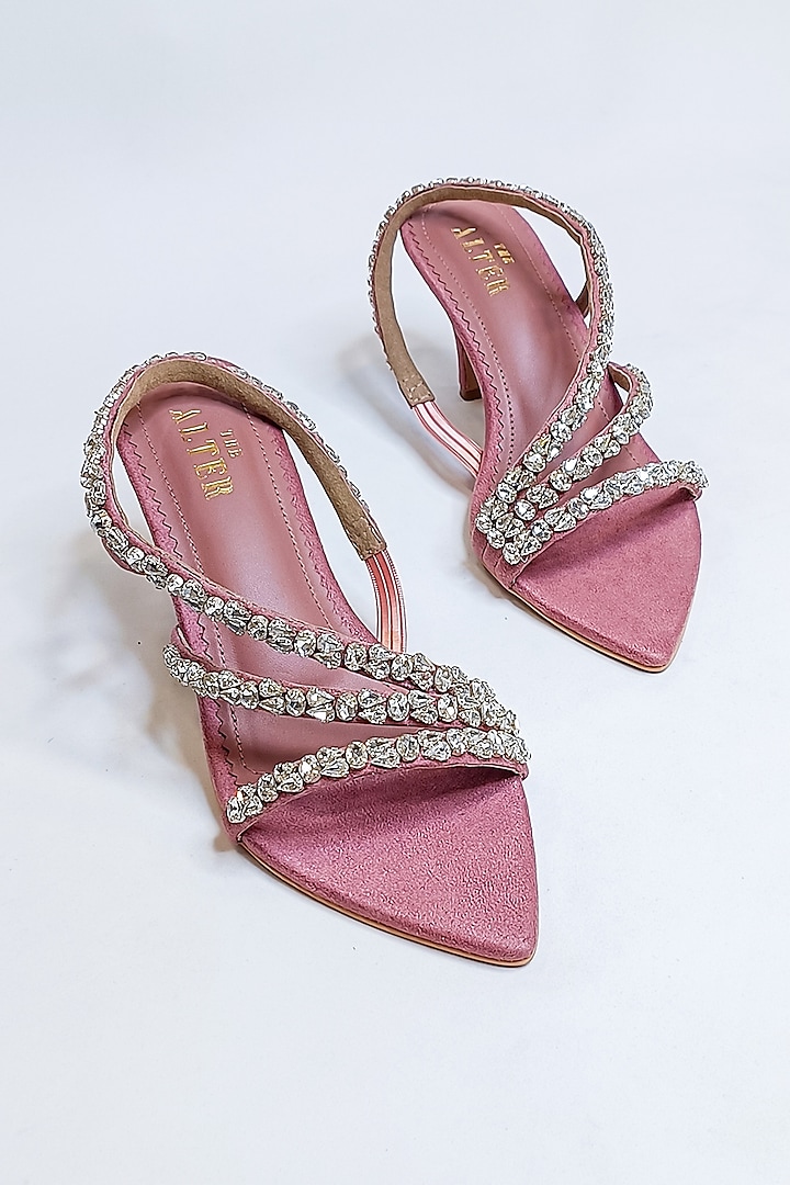 Blush Pink Faux Leather Rhinestone Embellished Strappy Stiletto Heels by The Alter