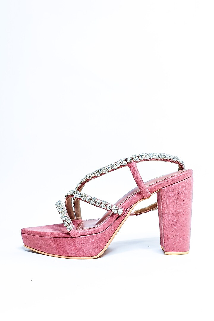 Blush Pink Faux Leather Rhinestone Embellished Platform Block Heels by The Alter at Pernia's Pop Up Shop