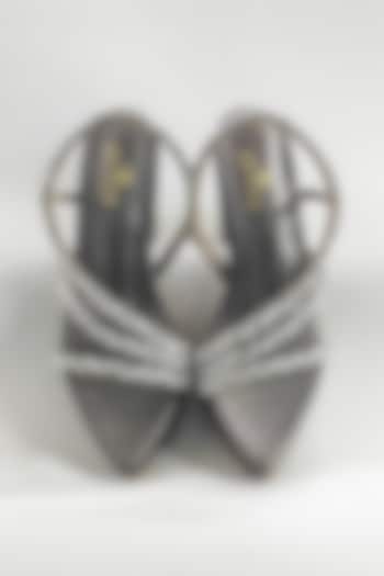 Gunmetal Grey Faux Leather Rhinestone Embellished Platform Block Heels by The Alter at Pernia's Pop Up Shop