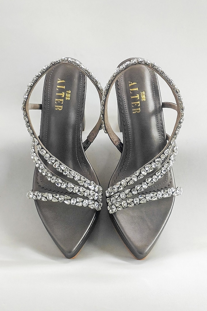 Gunmetal Grey Faux Leather Rhinestone Embellished Platform Block Heels by The Alter at Pernia's Pop Up Shop